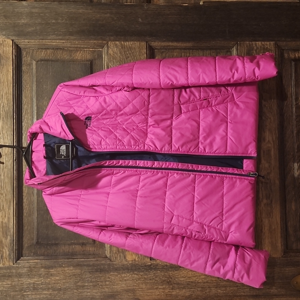 TNF pink/navy down jacket